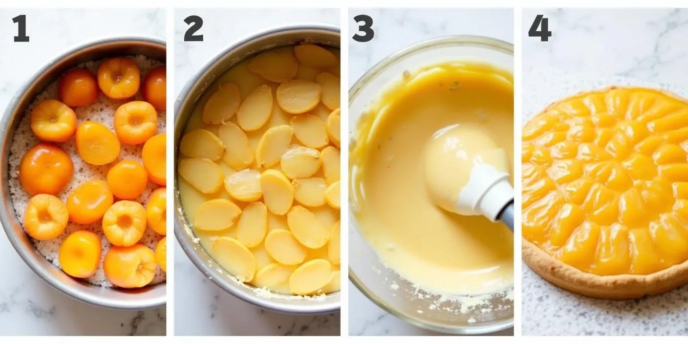 Step-by-step process of making Romanian upside-down apricot tart: slicing apricots, caramelizing them in a tray, mixing the cake batter, and the final baked tart flipped onto a serving plate.