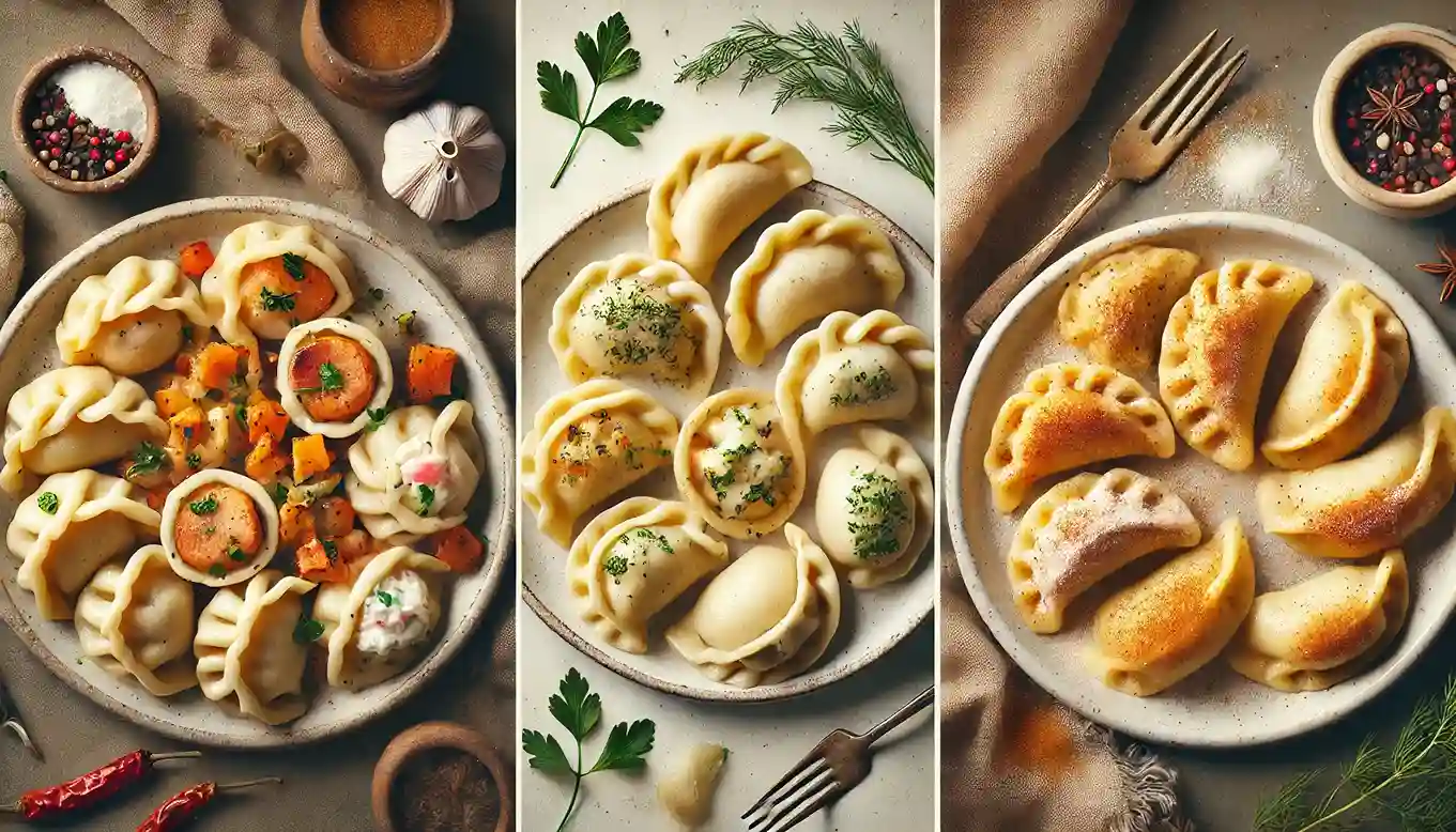 Collage showcasing different variations of pampuchy, traditional Polish steamed dumplings.