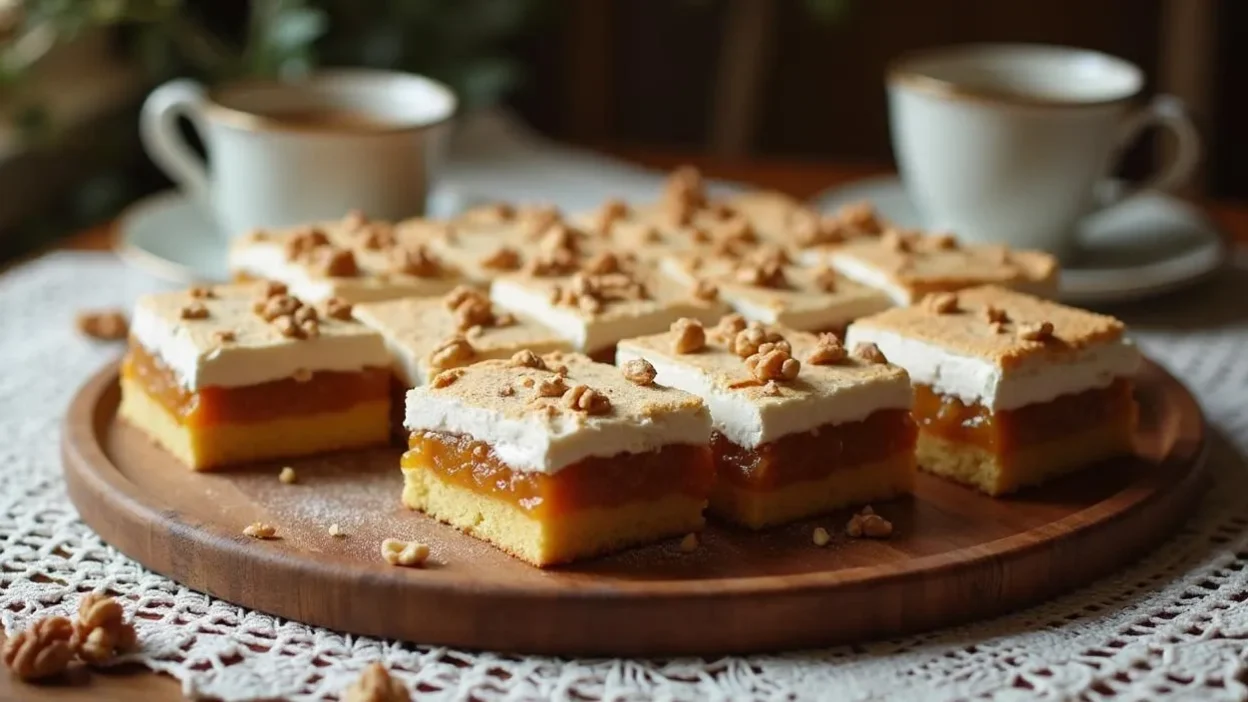 Traditional Romanian walnut cake cut into squares, topped with walnut meringue and jam, served on a wooden tray with coffee in a cozy Eastern European kitchen setting.