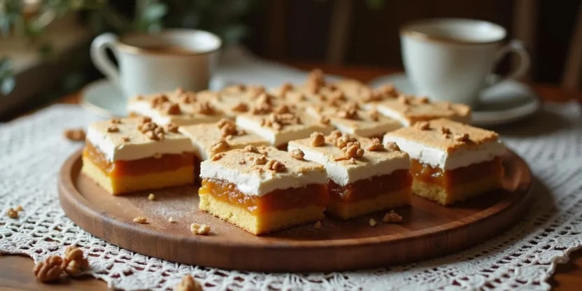 Traditional Romanian walnut cake cut into squares, topped with walnut meringue and jam, served on a wooden tray with coffee in a cozy Eastern European kitchen setting.