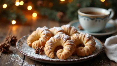 A plate of freshly baked Romanian Walnut Crescent Cookies (Cornulete cu Nuca), golden brown and generously dusted with powdered sugar.