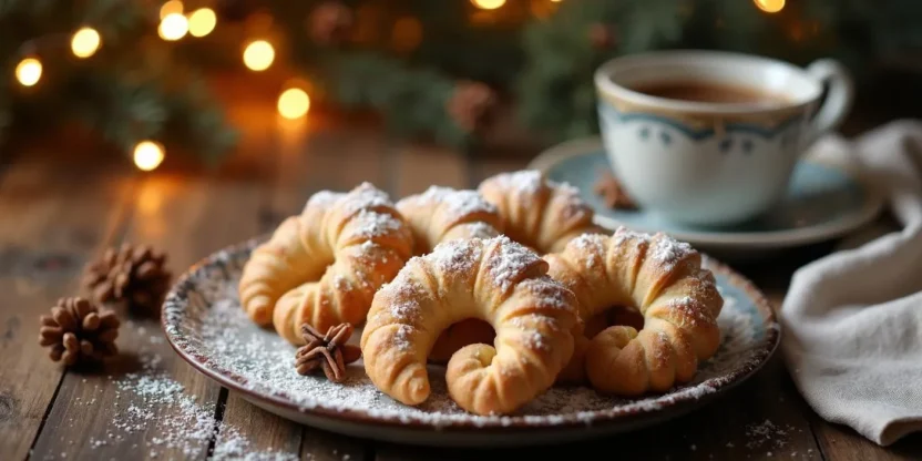 A plate of freshly baked Romanian Walnut Crescent Cookies (Cornulete cu Nuca), golden brown and generously dusted with powdered sugar.