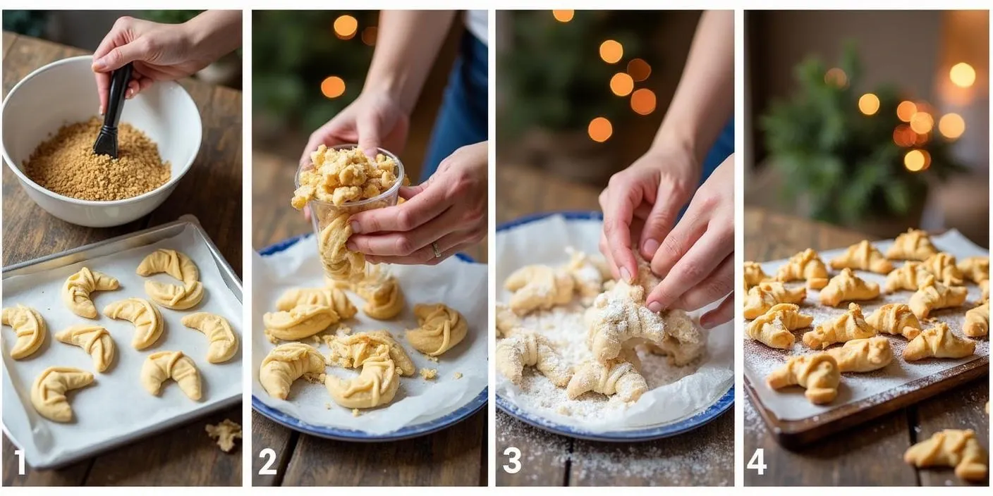A four-step visual guide to making Romanian Walnut Crescent Cookies (Cornulete cu Nuca): finely ground walnuts in a food processor, mixing the dough in a bowl, shaping crescent cookies on a baking tray, and freshly baked cookies dusted with powdered sugar.