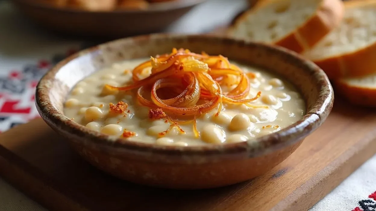 A creamy Romanian white bean dip (Fasole Bătută) served in a ceramic bowl, garnished with caramelized onions and paprika, with rustic bread slices on the side.