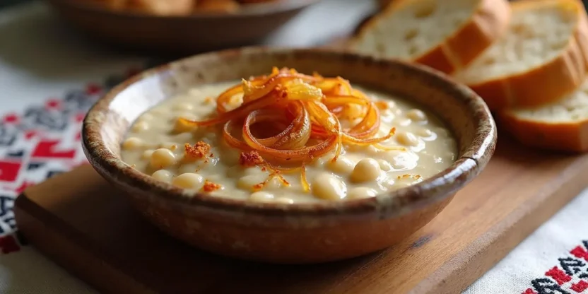 A creamy Romanian white bean dip (Fasole Bătută) served in a ceramic bowl, garnished with caramelized onions and paprika, with rustic bread slices on the side.