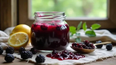 A jar of traditional Romanian wild blackberry jam (dulceață de mure) on a rustic wooden table, surrounded by fresh blackberries, a spoon with jam, and a lemon slice — styled in a cozy, country kitchen setting.