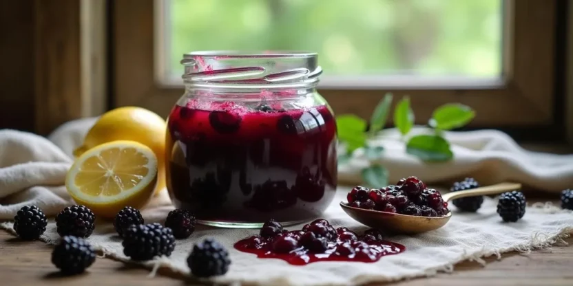 A jar of traditional Romanian wild blackberry jam (dulceață de mure) on a rustic wooden table, surrounded by fresh blackberries, a spoon with jam, and a lemon slice — styled in a cozy, country kitchen setting.