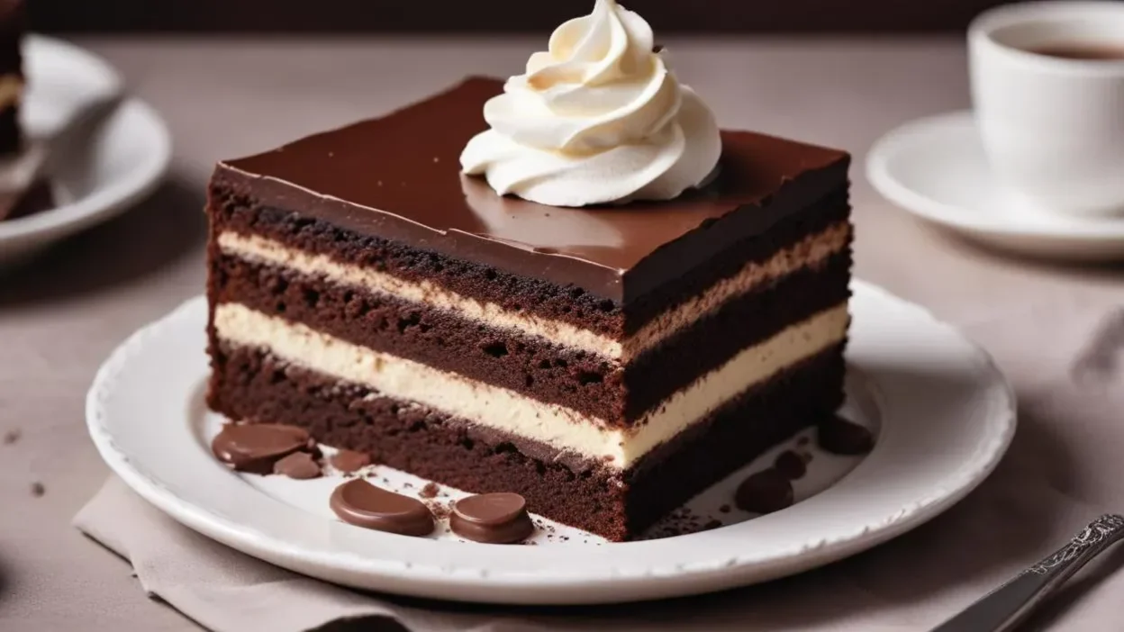 Traditional Polish Wuzetka cake with chocolate glaze and whipped cream.