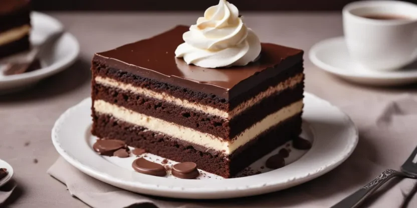 Traditional Polish Wuzetka cake with chocolate glaze and whipped cream.