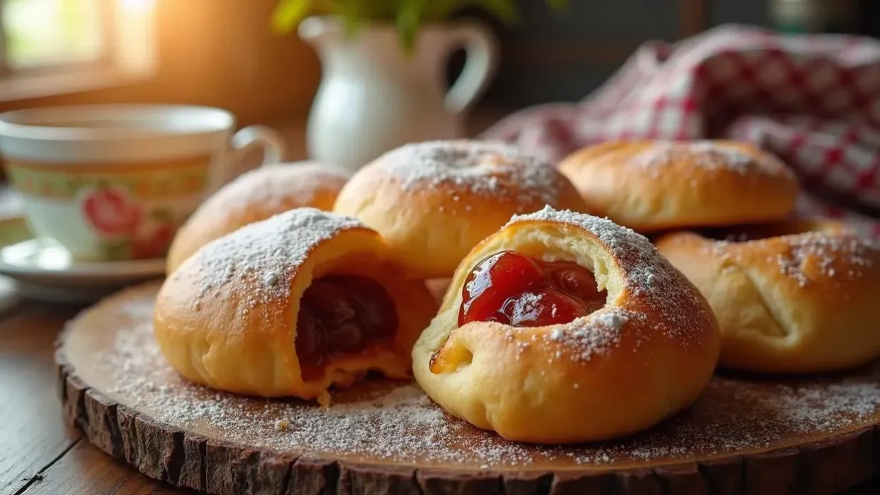 Freshly baked Slovak Pečené Buchty — golden, fluffy sweet buns filled with plum jam, dusted with powdered sugar, served on a rustic wooden table.