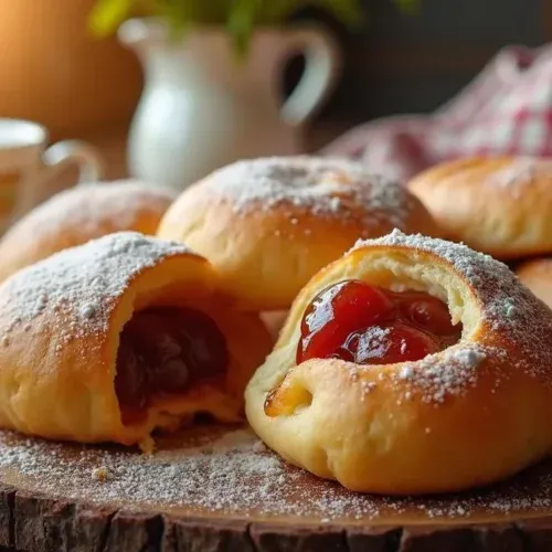Freshly baked Slovak Pečené Buchty — golden, fluffy sweet buns filled with plum jam, dusted with powdered sugar, served on a rustic wooden table.