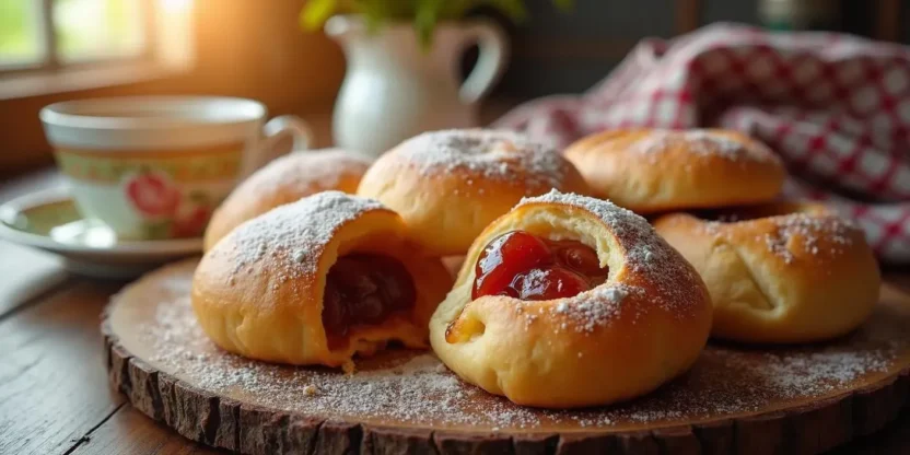 Freshly baked Slovak Pečené Buchty — golden, fluffy sweet buns filled with plum jam, dusted with powdered sugar, served on a rustic wooden table.