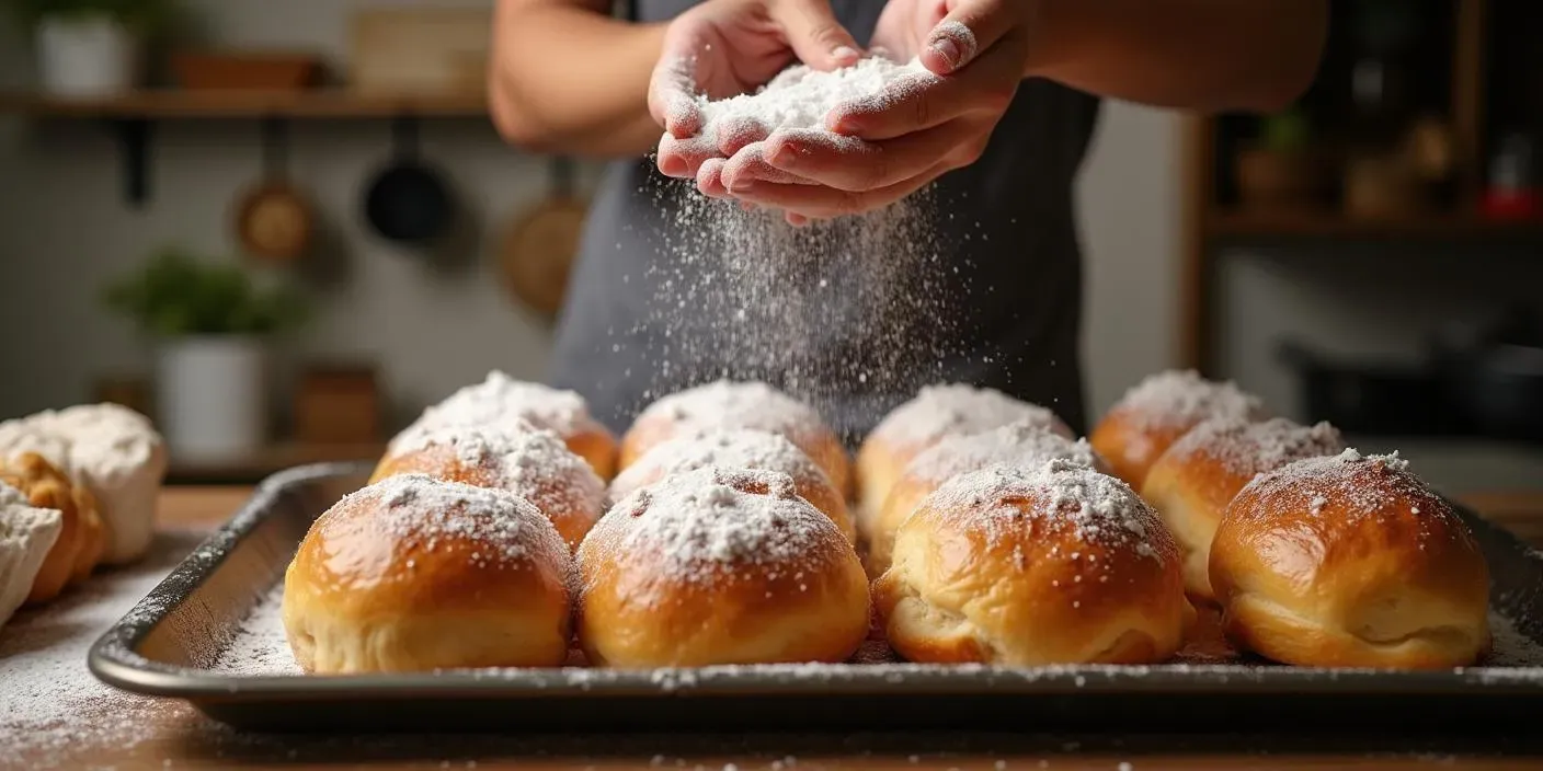 A baker’s hands dusting freshly baked Slovak Pečené Buchty with powdered sugar, showing golden, fluffy buns on a baking tray in a cozy kitchen setting.
