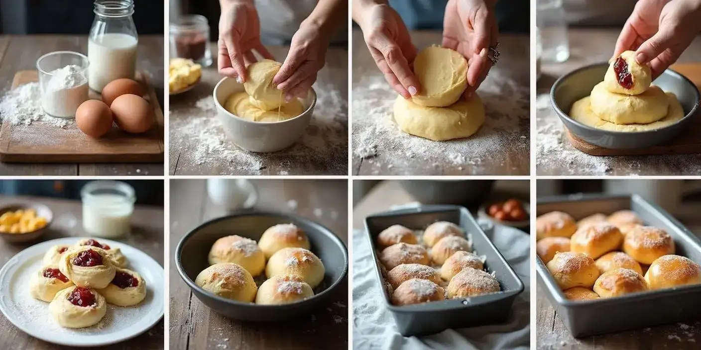 Step-by-step images of making Slovak Pečené Buchty — from mixing dough to filling with jam, baking, and serving golden buns dusted with powdered sugar.