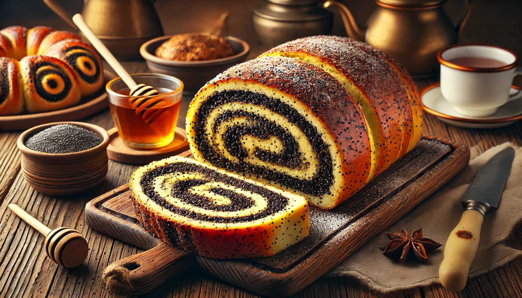 A freshly baked Makowiec, a Polish poppy seed roll, sliced to reveal its rich filling, placed on a wooden board with honey and tea in a cozy kitchen setting.