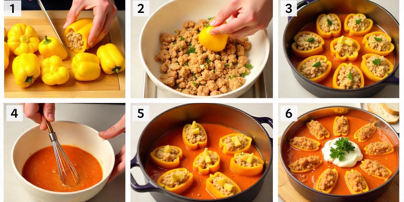 Step-by-step preparation of Romanian Stuffed Peppers (Ardei Umpluți), showing the process from cutting and preparing the peppers, mixing the filling, stuffing the peppers, making the tomato sauce, arranging and baking them in a pot, and finally serving them with sour cream and fresh parsley.