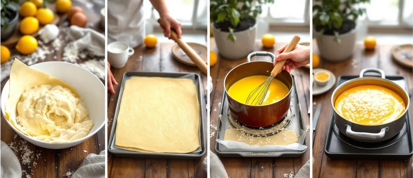 Step-by-step process of making Romanian Snow White Cake: mixing dough, baking pastry sheets, preparing lemon custard, and assembling the layered cake with coconut topping.