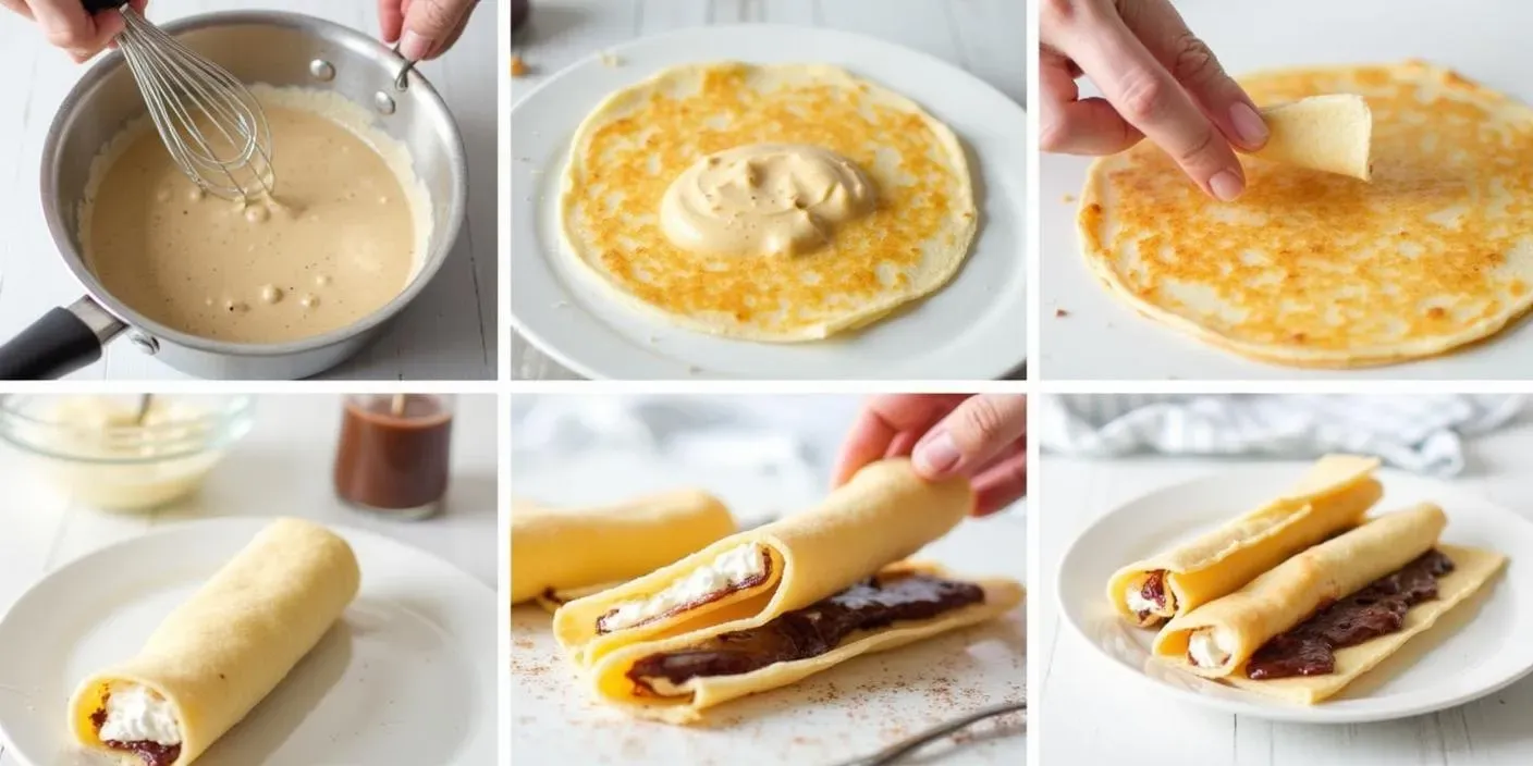 Step-by-step preparation of Slovak Palacinky pancakes, from whisking the batter to flipping on a skillet and filling with sweet toppings.