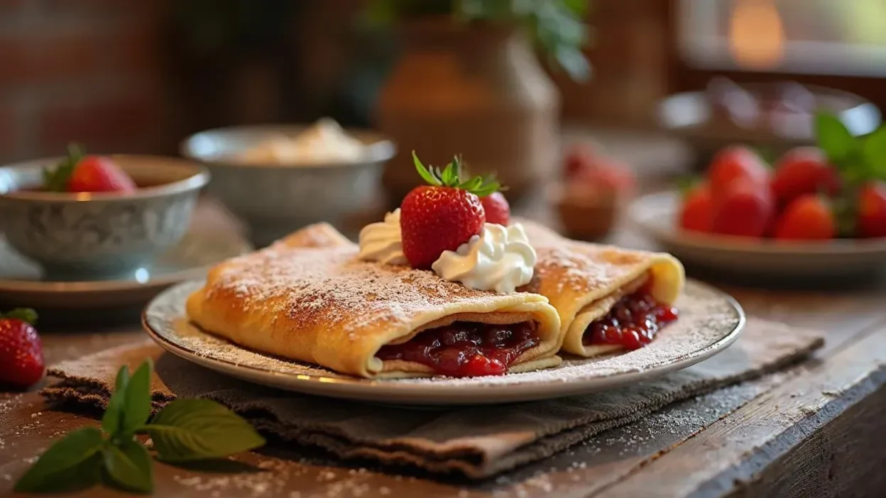 A plate of Slovak Palacinky pancakes filled with Nutella, jam, and whipped cream, garnished with strawberries and powdered sugar on a rustic kitchen table.