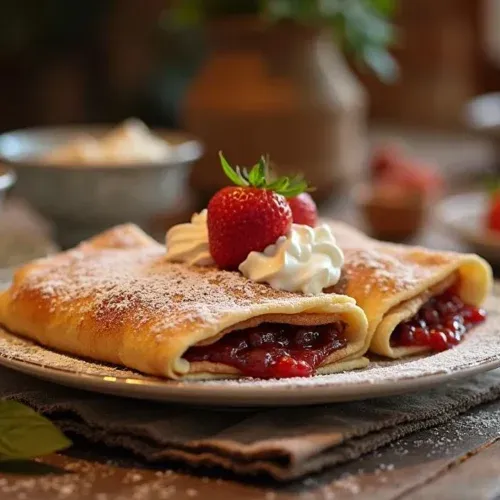A plate of Slovak Palacinky pancakes filled with Nutella, jam, and whipped cream, garnished with strawberries and powdered sugar on a rustic kitchen table.
