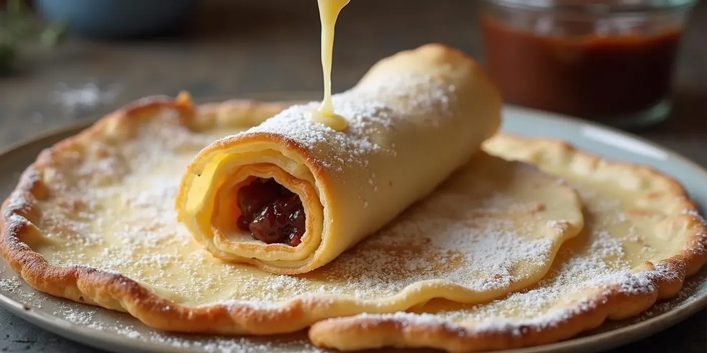 A plate of Slovak Palacinky pancakes filled with Nutella, jam, and whipped cream, garnished with strawberries and powdered sugar on a rustic kitchen table.