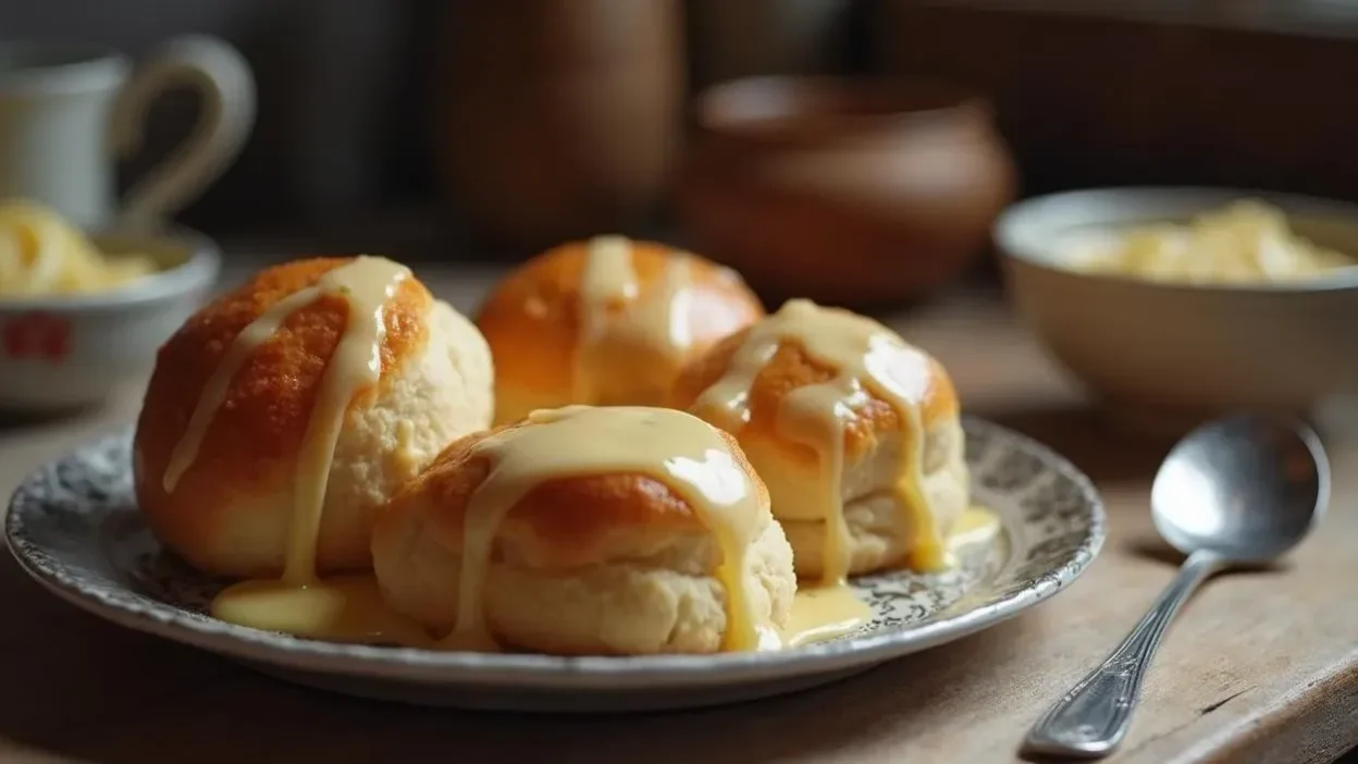 Freshly baked Dukátové Buchtičky — small, fluffy Slovak sweet buns — covered in creamy vanilla sauce, served on a rustic plate.