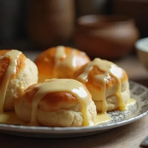 Freshly baked Dukátové Buchtičky — small, fluffy Slovak sweet buns — covered in creamy vanilla sauce, served on a rustic plate.