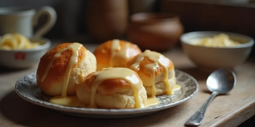 Freshly baked Dukátové Buchtičky — small, fluffy Slovak sweet buns — covered in creamy vanilla sauce, served on a rustic plate.