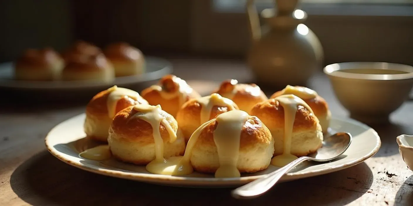 Freshly baked Dukátové Buchtičky — small, fluffy Slovak sweet buns — covered in creamy vanilla sauce, served on a rustic plate.