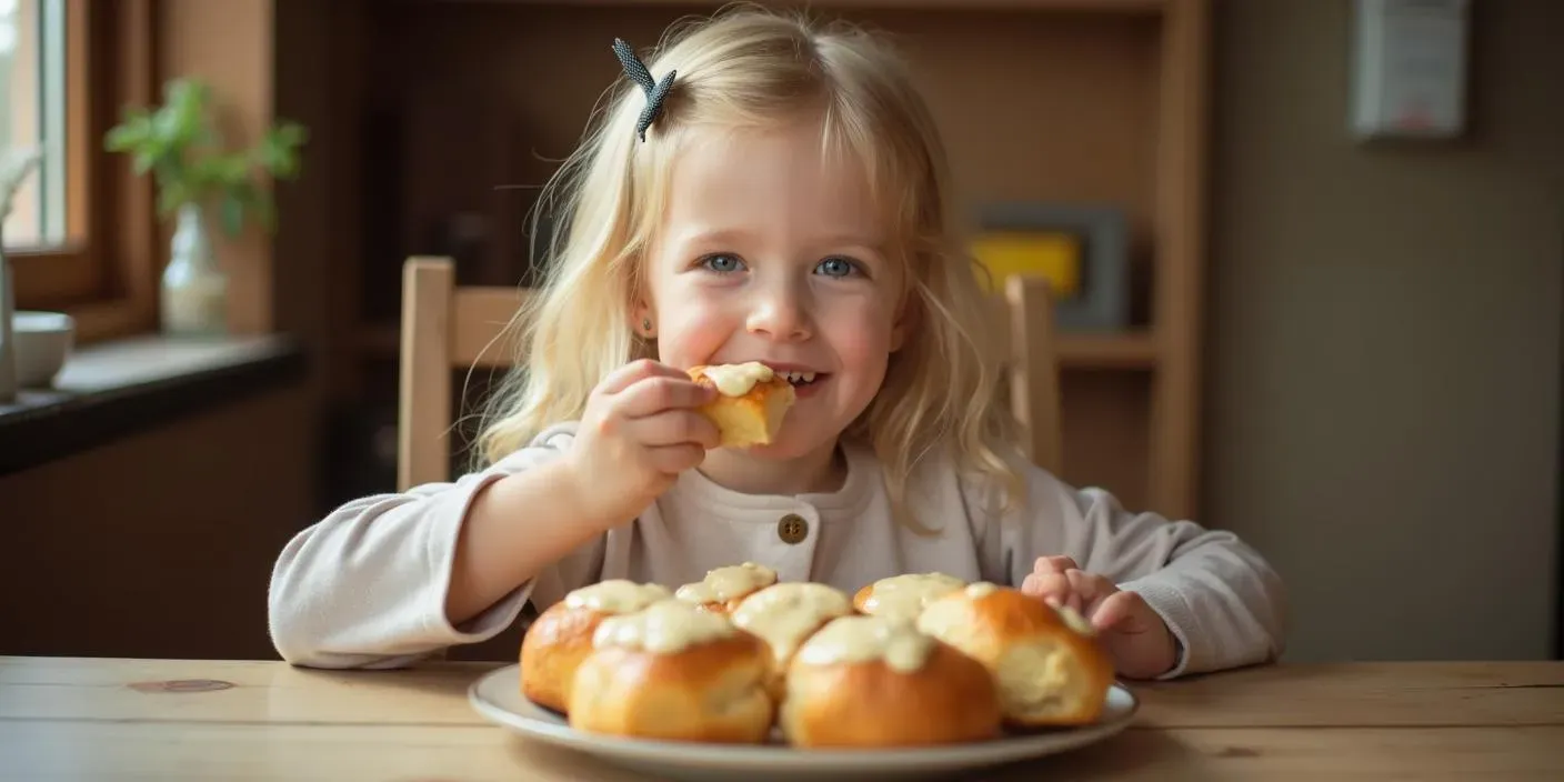 A happy blonde girl enjoying Dukátové Buchtičky, Slovak sweet buns covered in creamy vanilla sauce, with a joyful smile.