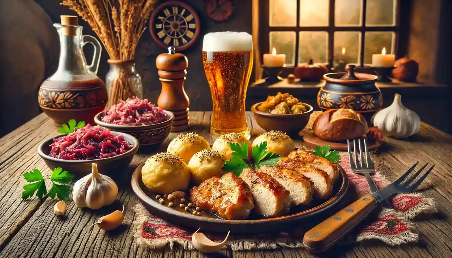 Moravský vrabec: roasted pork with caraway, served with dumplings, braised cabbage, and Czech beer.