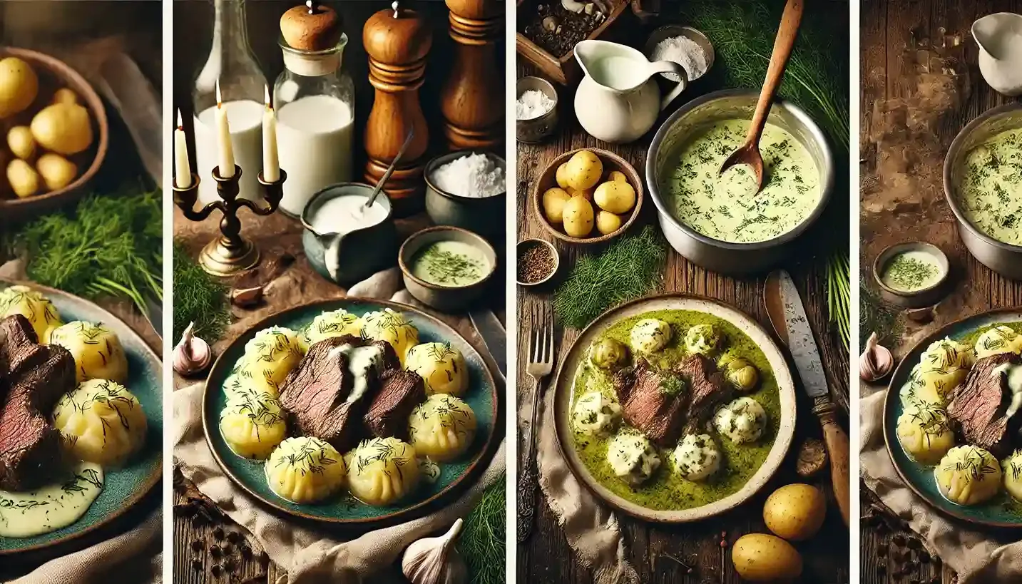 A plated Koprová omáčka with dill sauce, beef, dumplings, and potatoes; a Czech kitchen with ingredients and a simmering pot.