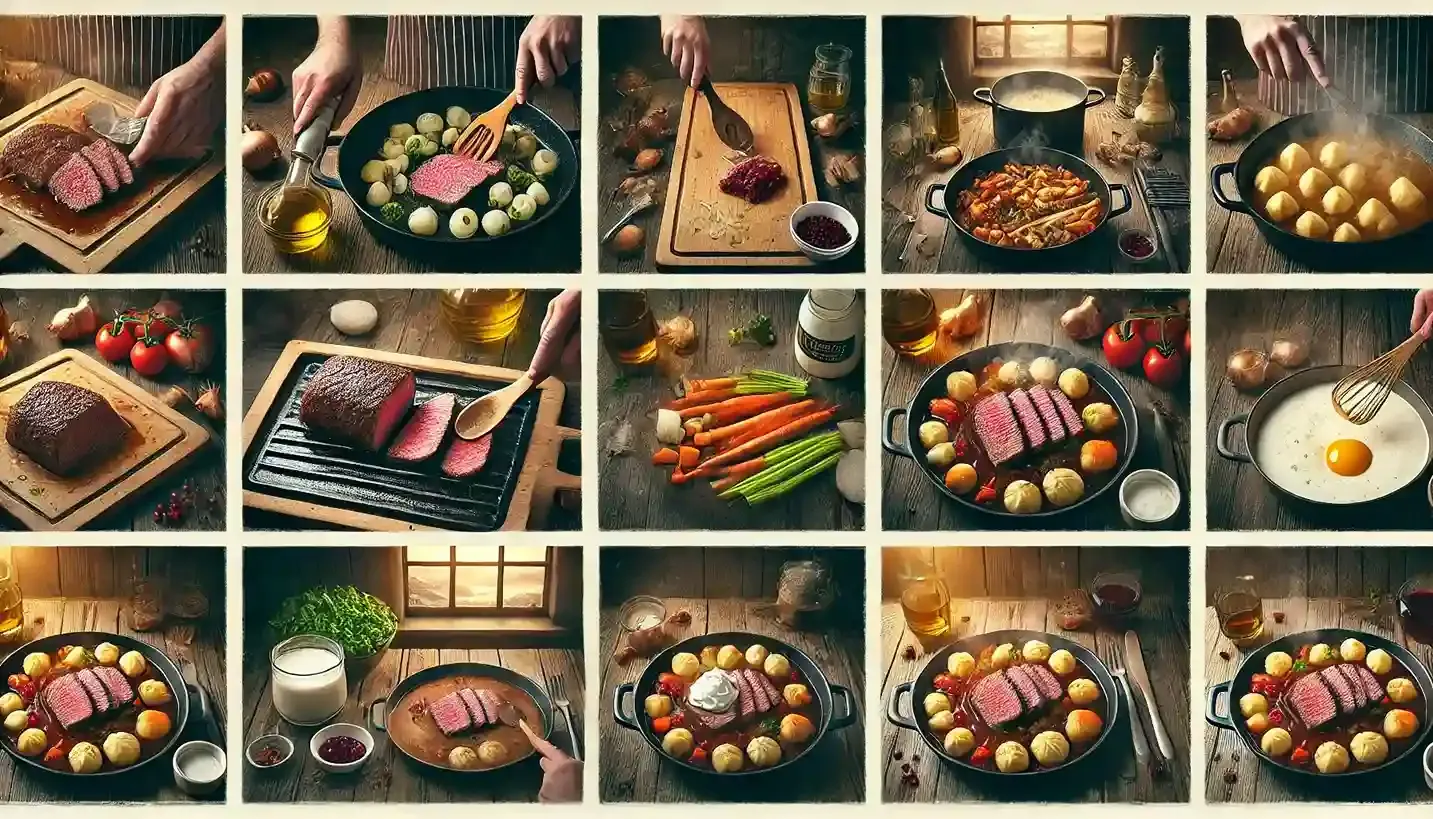 A step-by-step collage of Svíčková na smetaně preparation, showing beef searing, vegetable sautéing, sauce blending, and final plating with dumplings.