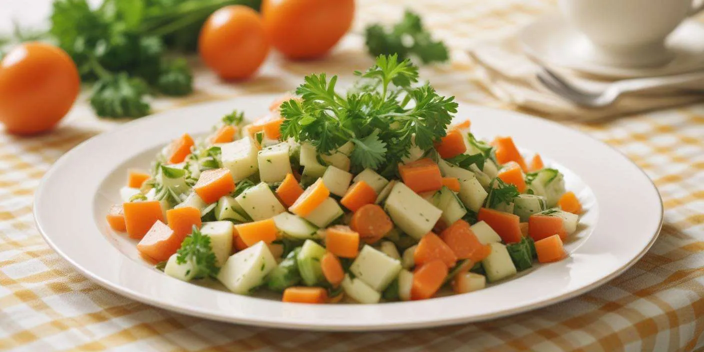 Traditional Polish vegetable salad (Sałatka Jarzynowa) served on a plate, garnished with fresh parsley.