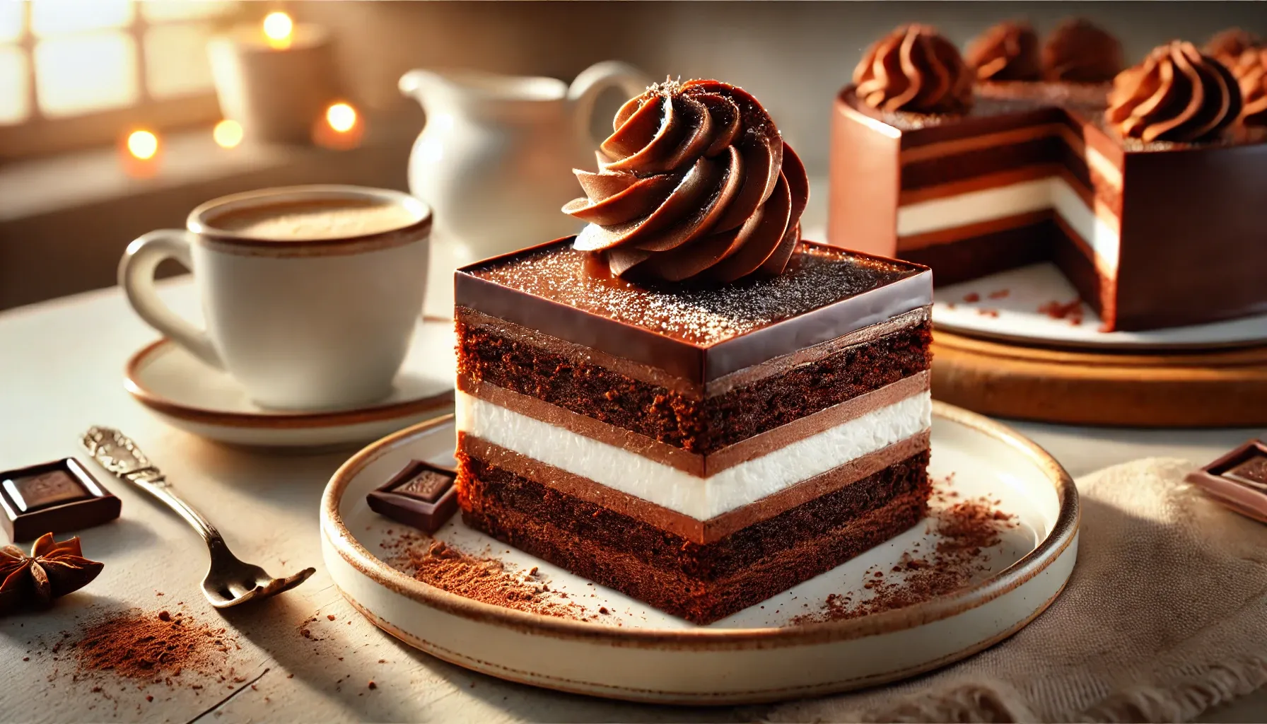 A neatly cut portion of Wuzetka cake with a smooth chocolate ganache topping, a swirl of whipped cream, and a light dusting of cocoa powder, served alongside a cup of coffee.