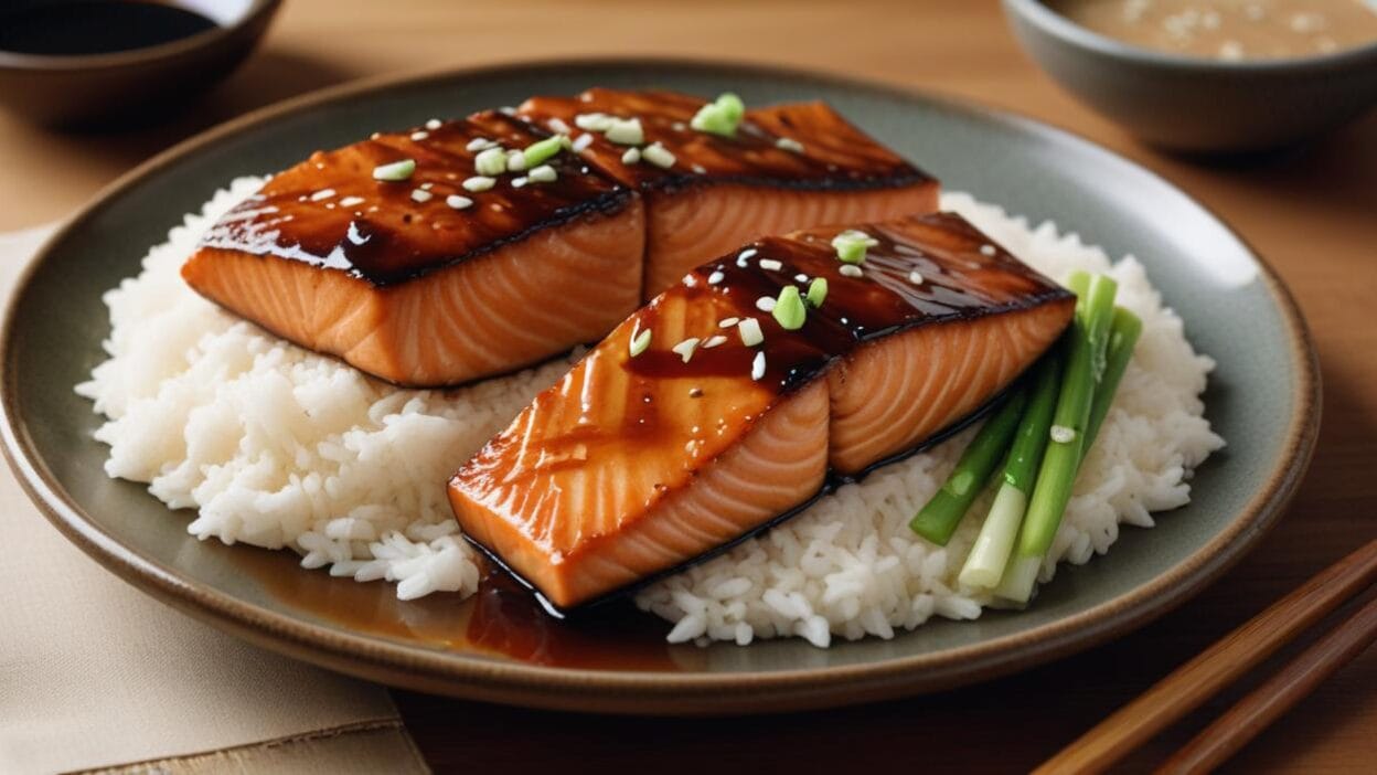 Teriyaki salmon fillets with a caramelized glaze, served on a ceramic plate with sesame seeds and green onions.