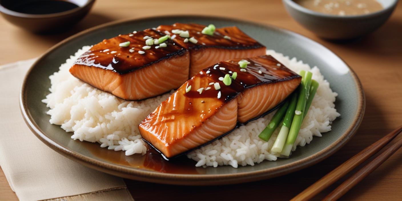 Teriyaki salmon fillets with a caramelized glaze, served on a ceramic plate with sesame seeds and green onions.