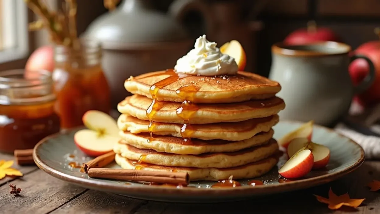 Stack of golden Lithuanian grated apple pancakes on a rustic plate, topped with sour cream and maple syrup, surrounded by autumn-inspired breakfast elements like jam, apples, and cinnamon sticks.