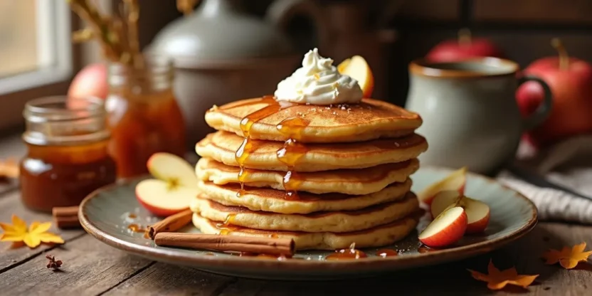 Stack of golden Lithuanian grated apple pancakes on a rustic plate, topped with sour cream and maple syrup, surrounded by autumn-inspired breakfast elements like jam, apples, and cinnamon sticks.