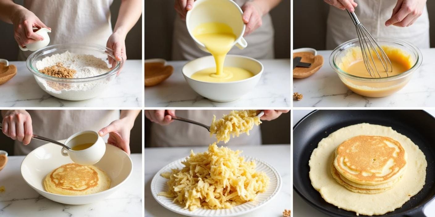 Step-by-step process of making Lithuanian grated apple pancakes, showing mixing ingredients, preparing the batter, cooking, and serving.