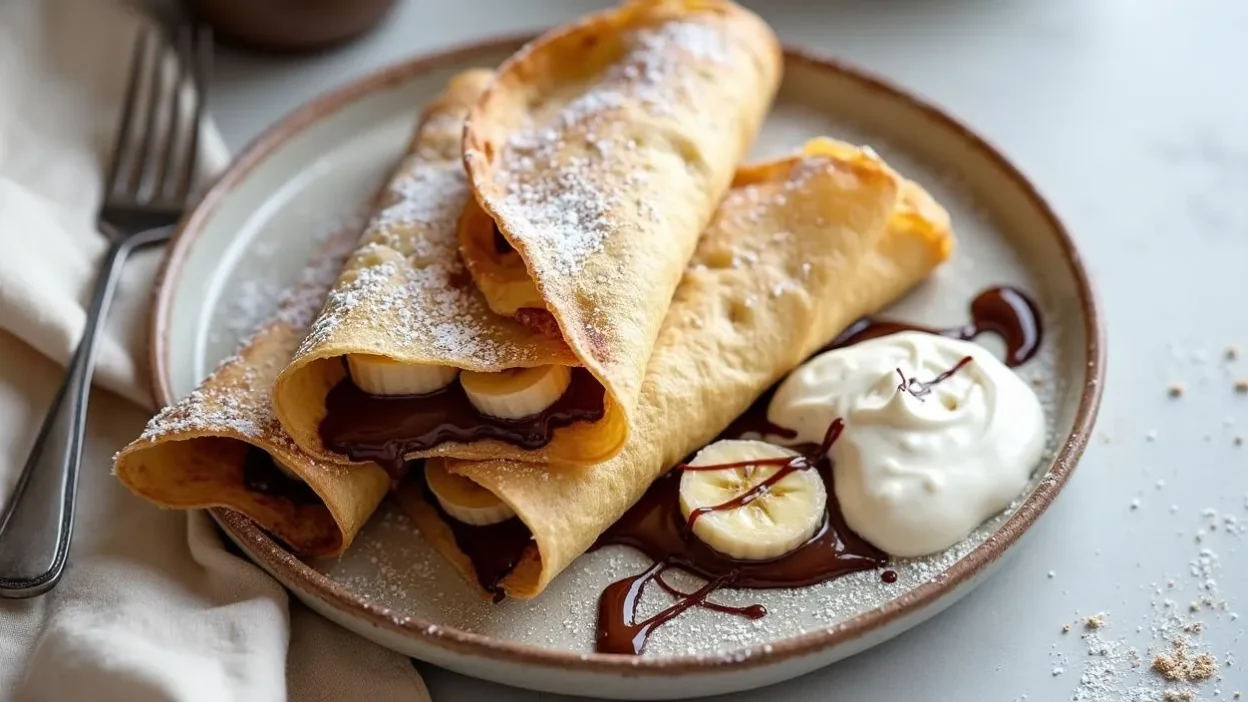 Lithuanian banana crepes filled with melted chocolate, served with powdered sugar and sour cream on a ceramic plate – a cozy, homemade breakfast scene.