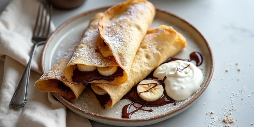 Lithuanian banana crepes filled with melted chocolate, served with powdered sugar and sour cream on a ceramic plate – a cozy, homemade breakfast scene.