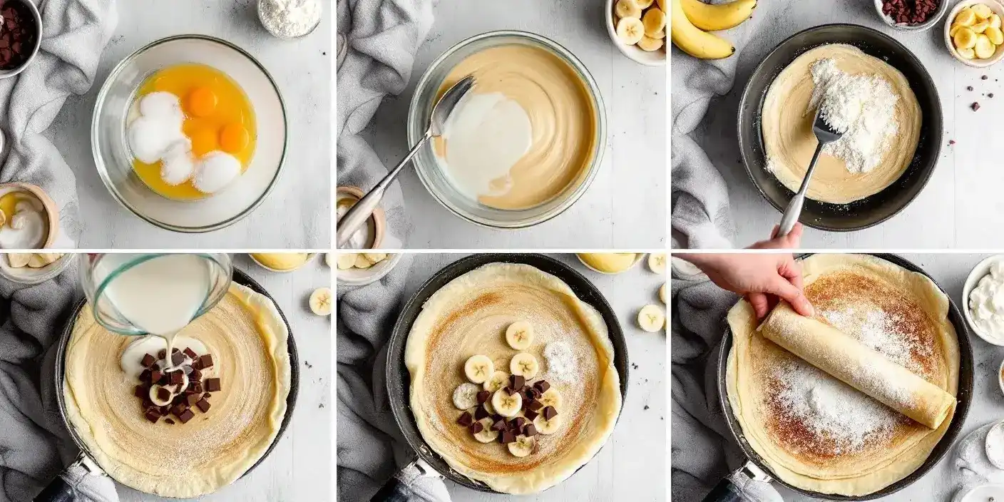 Step-by-step process of making Lithuanian banana crepes with chocolate: mixing batter, cooking crepes, filling with bananas and chocolate, and pan-frying to golden perfection.