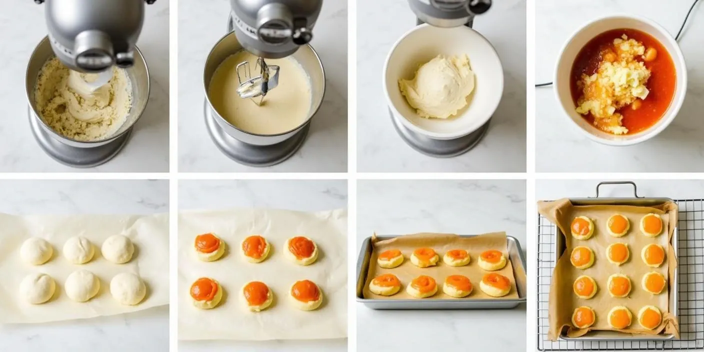 Step-by-step process of making Lithuanian sweet cheese buns, showing dough preparation, cheese filling, shaping, baking, and final presentation.