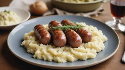 Traditional Estonian barley sausage, a festive dish made with minced pork and cooked barley, pan-fried until crispy and served with creamy mashed potatoes and tangy sauerkraut.