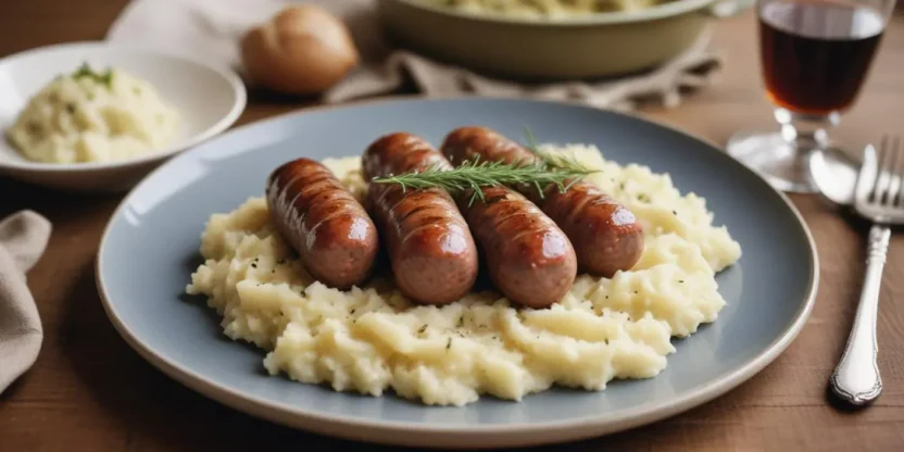 Traditional Estonian barley sausage, a festive dish made with minced pork and cooked barley, pan-fried until crispy and served with creamy mashed potatoes and tangy sauerkraut.