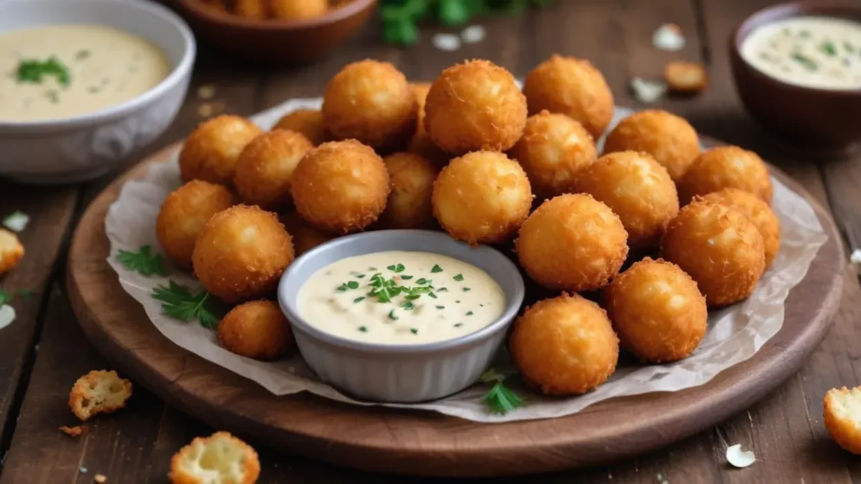 Golden cheese balls served on a plate — crispy, bite-sized appetizers perfect for sharing.