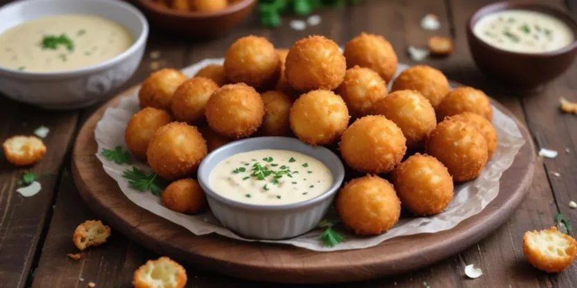 Golden cheese balls served on a plate — crispy, bite-sized appetizers perfect for sharing.