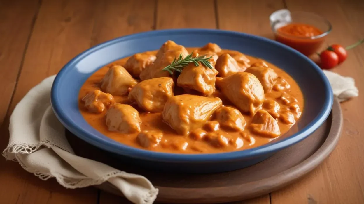 A high-resolution, professional food photography of Hungarian chicken paprikash (csirke paprikás) served in a rustic, deep ceramic plate.