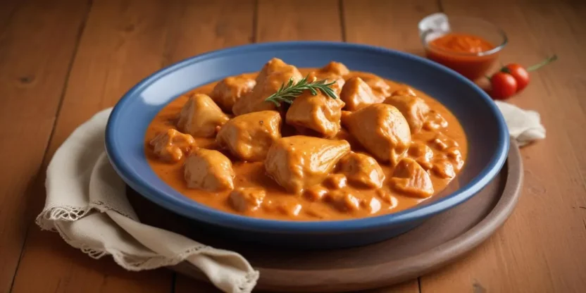 A high-resolution, professional food photography of Hungarian chicken paprikash (csirke paprikás) served in a rustic, deep ceramic plate.
